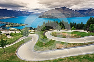 Luge track with beautiful lake and mountain