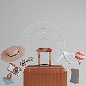 Luggage with airplane, sunglasses, hat , balloon and camera over grey background travel concept. 3d rendering