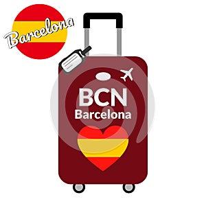 Luggage with airport station code IATA or location identifier and destination city name Barcelona, BCN. Travel to Spain