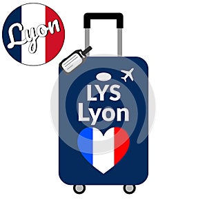 Luggage with airport station code IATA or location identifier and destination city name Lyon, LYS. Travel to France