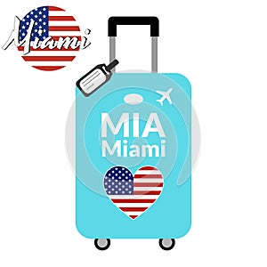 Luggage with airport station code IATA or location identifier and destination city name Miami, MIA. Travel to the United