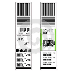 Luggage with airport sticker label - suitcase with tag and JFK New York airport sign photo