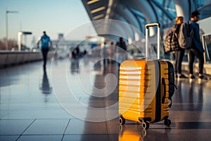 A luggage bag against a blurred airport background, symbolizing the journey ahead