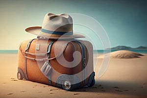 Luggage bag and beach hat on the beach sand. Vacation and travel.