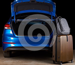 Luggage bags stand next to open car trunk