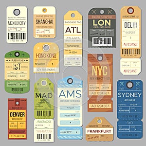 Luggage carousel baggage vintage tag symbols. Old train ticket and airline journey stamp symbol. London tour trip ticket