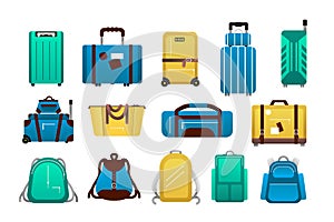 Luggage. Cartoon travel plastic suitcases and airport journey baggage, tourist trip backpack, bags and case collection