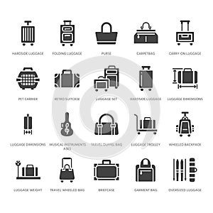 Luggage flat glyph icons. Carry-on, hardside suitcases, wheeled bags, pet carrier, travel backpack. Baggage dimensions