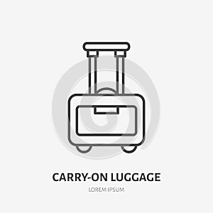 Luggage flat line icon. Wheeled suitcase carry-on sign. Thin linear logo for airport baggage rules