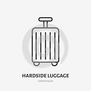 Luggage flat line icon. Wheeled suitcase sign. Thin linear logo for airport baggage rules