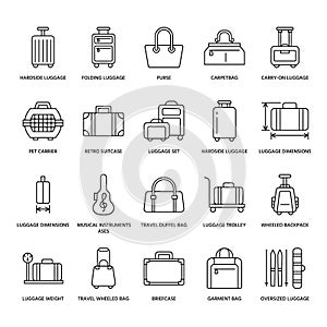 Luggage flat line icons. Carry-on, hardside suitcases, wheeled bags, pet carrier, travel backpack. Baggage dimensions