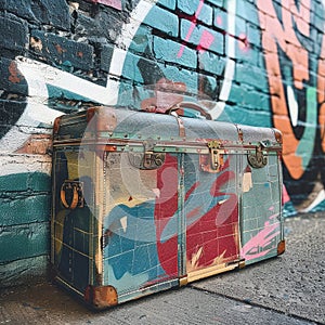 Luggage in front of brick wall