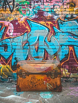 Luggage in front of graffiti covered wall