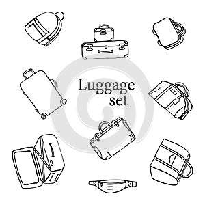 Luggage icon set. Backpack, handbag, suitcase, briefcase, messenger bag, trolley, travel bag. illustration of thin lin
