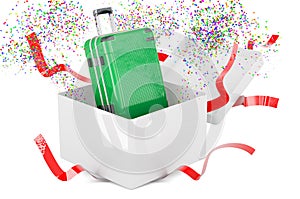 Luggage inside gift box, 3D rendering