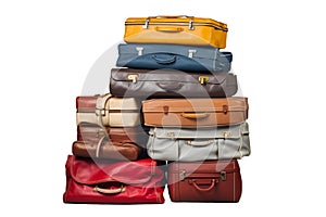 Luggage on an isolated white background. Lots of suitcases, bags and backpacks. Travel luggage. Vacation and travel concept