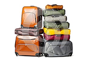 Luggage on an isolated white background. Lots of suitcases, bags and backpacks. Travel luggage. Vacation and travel concept