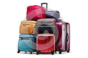 Luggage on an isolated white background. Lots of suitcases, bags and backpacks. Travel luggage. Vacation and travel concept