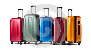 Luggage on an isolated white background. Lots of suitcases, bags and backpacks. Travel luggage. Vacation and travel concept