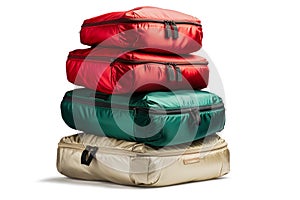 Luggage on an isolated white background. Lots of suitcases, bags and backpacks. Travel luggage. Vacation and travel concept