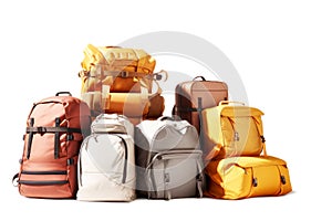 Luggage on an isolated white background. Lots of suitcases, bags and backpacks. Travel luggage. Vacation and travel concept