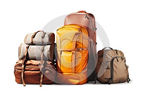 Luggage on an isolated white background. Lots of suitcases, bags and backpacks. Travel luggage. Vacation and travel concept