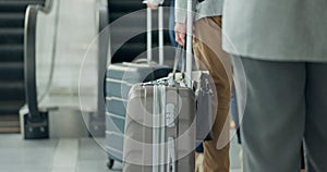 Luggage, line and people at an airport for travel, holiday or vacation while waiting in a queue. Closeup of passenger