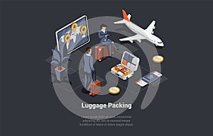 Luggage Pack Concept. Characters Are Packing Suitcase To Go On Or Trip. Boy And Girl Packing Clothes, And Other Items