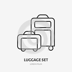 Luggage set flat line icon. Wheeled suitcase and carry-on sign. Thin linear logo for airport baggage rules