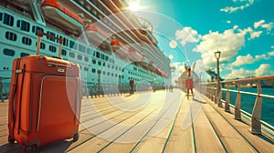 A luggage sitting in front of a large cruise ship. Vacation, cruise and travel concept