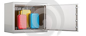 Luggage storage, concept. Suitcases inside safe with combination lock. 3D rendering