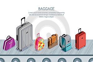 Luggage, suitcase, bags on conveyor belt. Vector 3d isometric illustration. Concept for checked baggage claim.