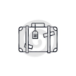 Luggage, suitcase, travel bag whith stickers thin line icon. Linear vector symbol