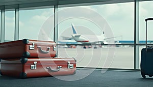 luggage suitcases at the airport wide banner with copy space area