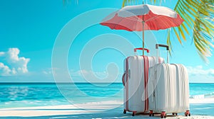 Luggage suitcases under an umbrella on the beach with palm trees on the background of the sea. Travel and traveler
