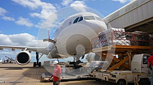 Luggage and supplies are carefully loaded onto the aircraft with workers checking weight and balance to ensure a safe