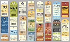 Luggage tags and tickets for passenger with country destination, weight and date. Baggage check for airplane