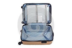 Luggage travel open bag isolated white background.