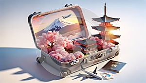 Luggage Unveils Cherry Blossom Scene with Mount Fuji