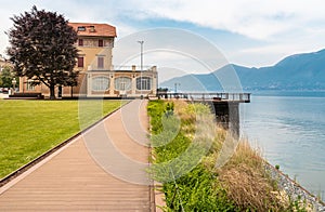 Luino lakefront with Verbania Palace on the shore of Lake Maggiore, province of Varese, Italy