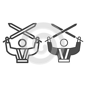 Luke Skywalker with swords line and solid icon, star wars concept, jedi with lightsaber vector sign on white background