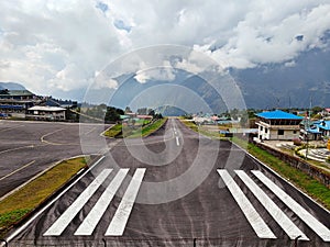 Lukla Airport runway in the Himalayas, a point of entry for mountaineers