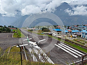 Lukla Airport runway in the Himalayas, a point of entry for mountaineers