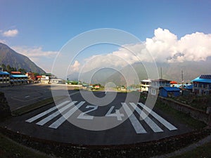 Lukla, Nepal - May 2019: Airport panoramic in Lukla during the way down from Everest Base Camp, Sagarmatha