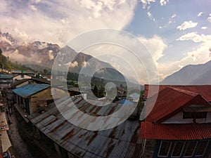 Lukla, Nepal - May 2019: Roofs landscape in Lukla during the way down from Everest Base Camp, Sagarmatha