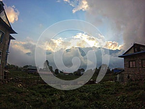 Lukla, Nepal - May 2019: Sunset landscape in Lukla during the way down from Everest Base Camp, Sagarmatha