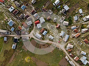 Lukomir, remote village in Bosnia mountains, birds eye view from above