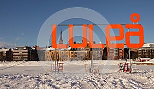 Lulea city billboard from the iceroad on a winter day in Sweden