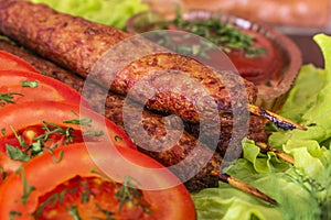 Lulia kebab on a salad with tomatoes and dill