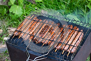 Lulya kebab from meat are prepared in the grill. Shish kebab in the grill.